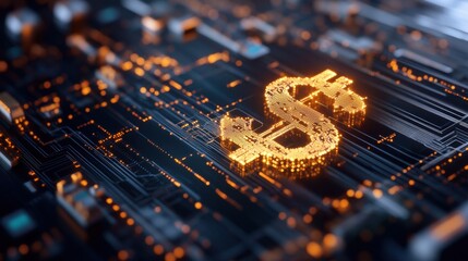 Digital dollar sign made of glowing lines and circuits over a dark tech-inspired backdrop