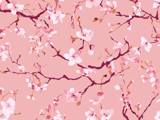 Fototapeta premium cherry blossom, flower, pattern, floral, seamless, vector, illustration, nature, spring, blossom, design, wallpaper, decoration, flowers, pink, cherry, tree, art, leaf, beauty, plant, texture, branch,