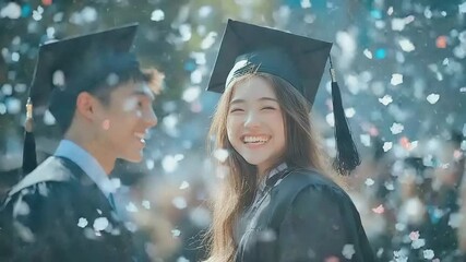 Joyful graduation celebration with students in caps and gowns amidst colorful confetti in a sunny outdoor setting - Powered by Adobe