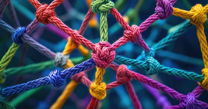 A colorful web of rope, with the central line leading to an empty blue circle, representing interconnectedness.