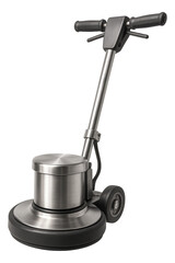 Stainless steel and black floor polishing machine with dual handles and wheels on transparent background.