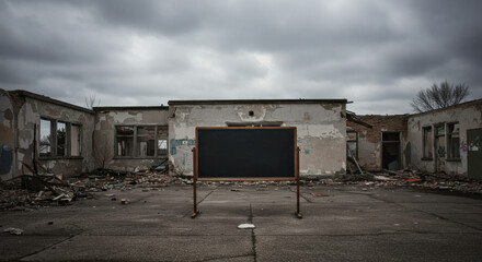 Abandoned classroom with blackboard in derelict school building  