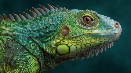Fototapeta premium Detailed Close-Up of a Vibrant Green Iguana Head, Revealing Scaly Texture