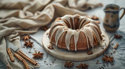 Iced bundt cake surrounded by spices.