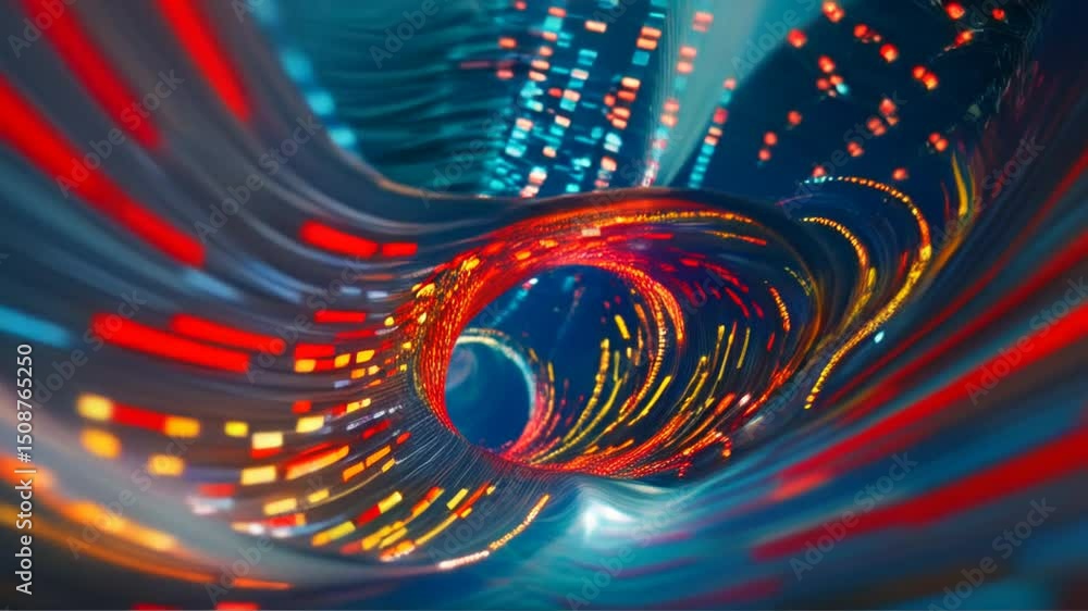 Poster abstract swirling vortex of vibrant, multicolored light streaks and glowing particles, creating a dy