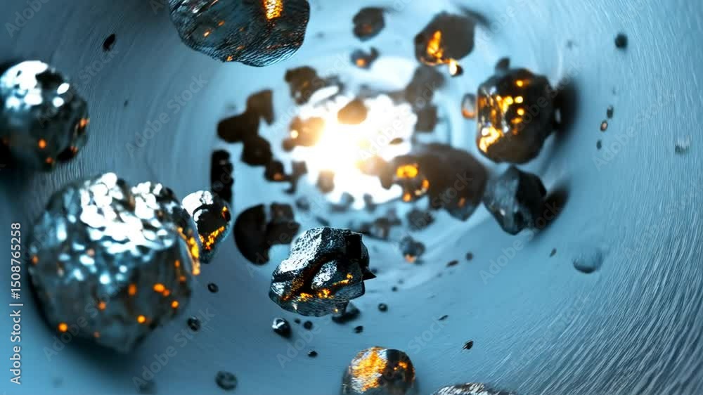 Poster glowing rocks hurtle through a cylindrical tunnel, creating a dynamic, abstract scene