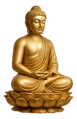 Golden Buddha statue seated in meditation posture on a lotus base with detailed drapery and serene expression on transparent background.