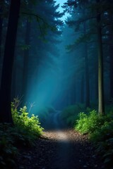 Fototapeta premium A powerful LED flashlight beam cuts through the darkness, illuminating a mysterious, shadowy forest path The flashlight is held at a slight angle, highlighting texture and depth , bright, beam