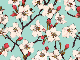 cherry blossom, flower, pattern, floral, seamless, vector, illustration, nature, spring, blossom, design, wallpaper, decoration, flowers, pink, cherry, tree, art, leaf, beauty, plant, texture, branch,