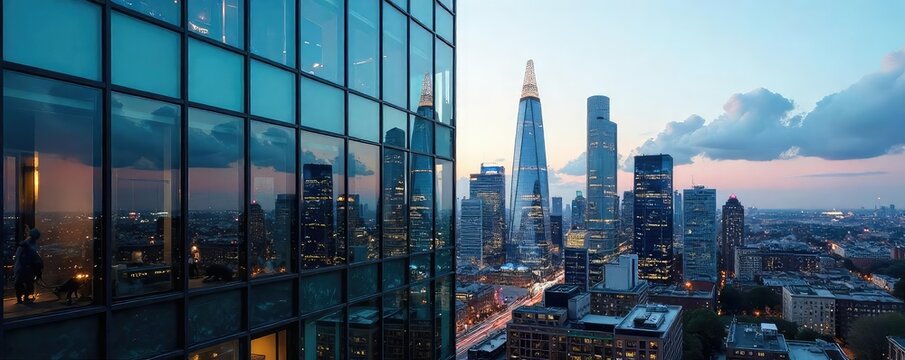 Modern London office block, sleek glass facade reflecting city skyline, architectural detail, urban landscape , workplace, property