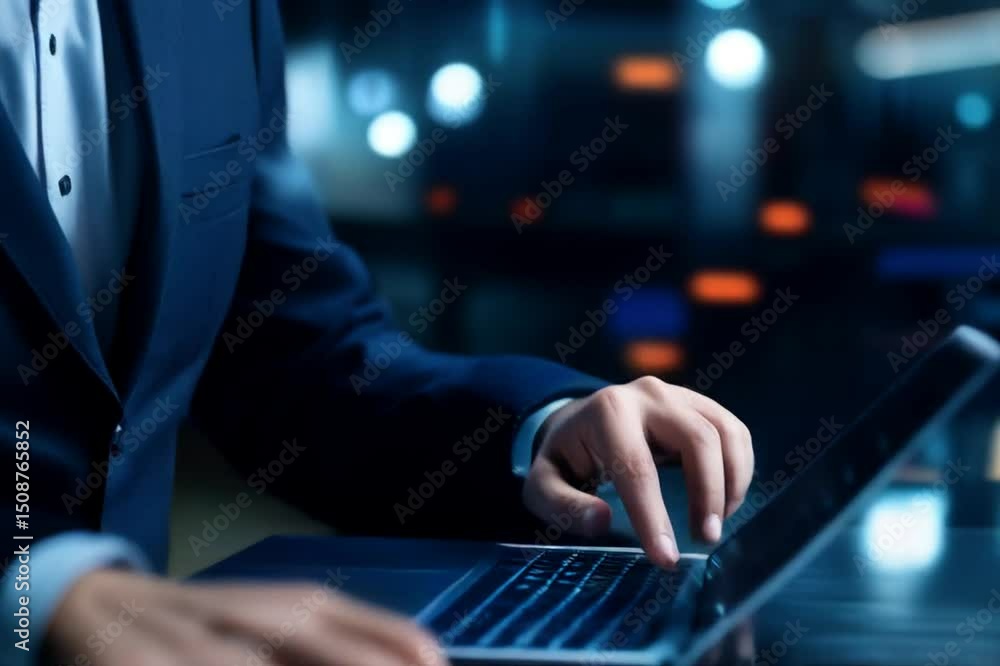 Poster data analysis professional working on laptop, illuminated by digital graphs and charts overlay