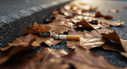 Cigarette lying among dry autumn leaves on the ground  