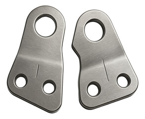 Two metallic brackets with three holes each designed for industrial or mechanical use on transparent background.