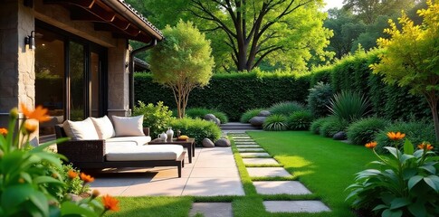 Serene patio landscape design featuring lush greenery, stone pathways, and elegant outdoor furniture Perfect for relaxation and entertaining Enjoy the tranquil ambiance , relaxation, architecture