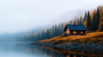Fototapeta premium Serene lakeside cabin surrounded by misty mountains and autumn foliage at dusk