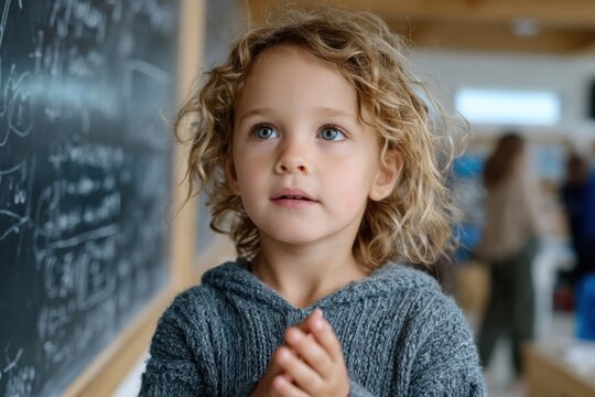 A curly-haired child gazes in wonder with a look of curiosity, standing in a bright classroom filled with learning opportunities and stimulating educational elements.