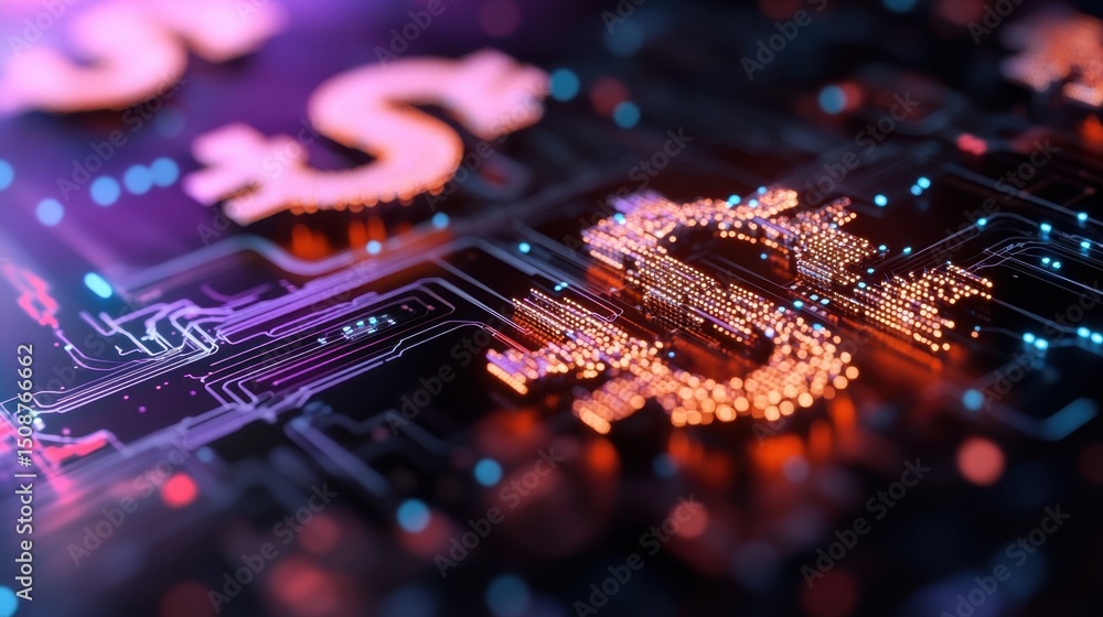 Poster dynamic abstract background with dollar signs made of pixels and glowing circuitry