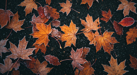 Fallen autumn leaves scattered on ground in natural setting  