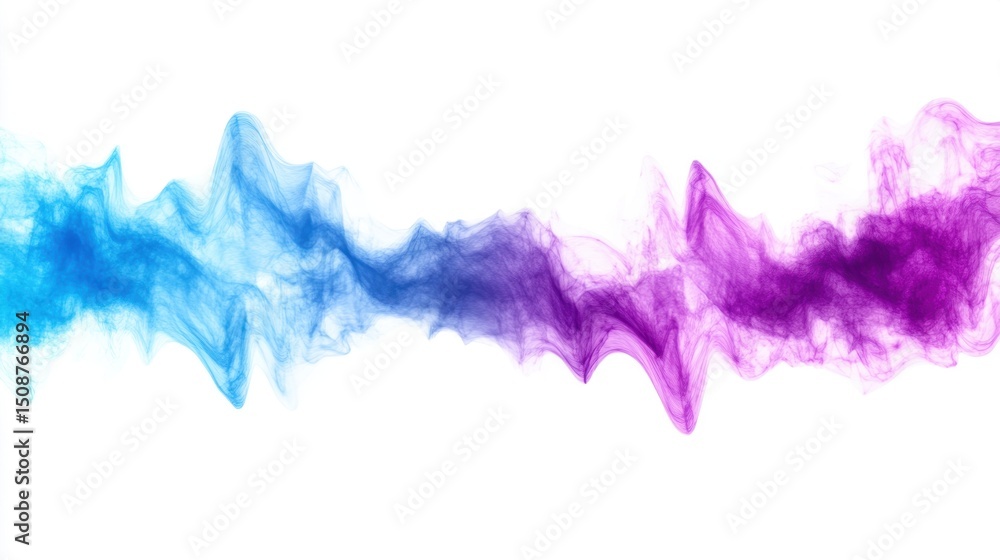 Poster dynamic audio waveform pattern in vibrant gradient hues of blue and purple, isolated cleanly on a wh