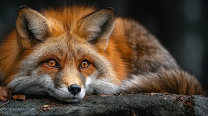 Fototapeta premium Captivating Portrait of a Red Fox Resting Contently on a Rocky Surface