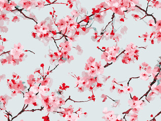 Fototapeta premium cherry blossom, flower, pattern, floral, seamless, vector, illustration, nature, spring, blossom, design, wallpaper, decoration, flowers, pink, cherry, tree, art, leaf, beauty, plant, texture, branch,
