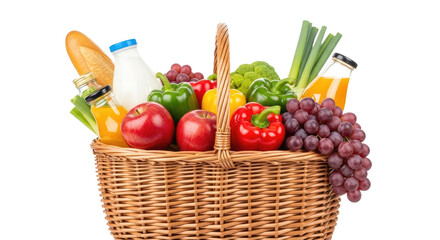 A rustic wicker basket filled with an assortment of fresh food groceries, including fruits and...