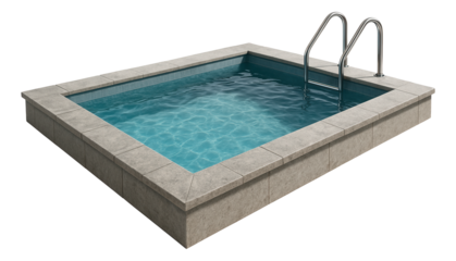 Rectangular swimming pool with clear blue water and metal ladder surrounded by stone tiles on transparent background.