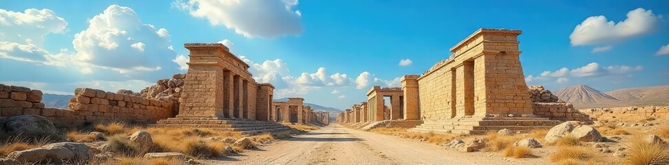 Obraz premium Sun-drenched ancient ruins stand silent against a vibrant blue sky, hinting at forgotten civilizations and lost empires Erosion reveals the passage of time, textures rich with history , ruin, stone
