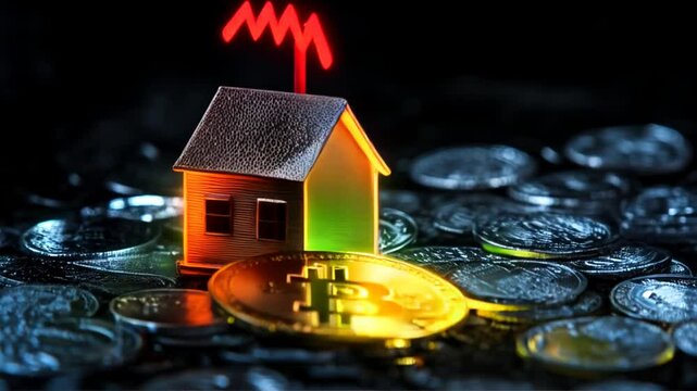 Illuminated house model sits atop a pile of coins, with a downward-trending red arrow above it, suggesting a decline in property value or market downturn