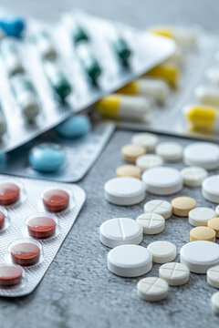 Variety of medicines and drugs.Medicine and healthcare concept.Variety of medicines and drugs.Medicine and healthcare concept.Pill for the prescription and treatment various diseases chemistry