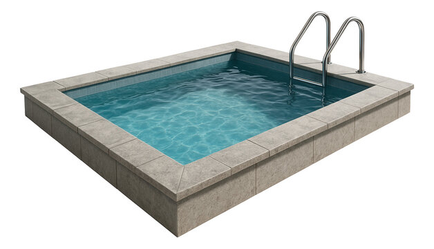 Rectangular swimming pool with clear blue water and metal ladder surrounded by stone tiles on transparent background.