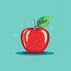 Shiny red apple with a green leaf on a light blue background
