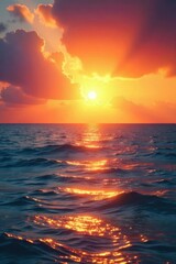 Obraz premium A vibrant sunrise over a calm ocean, radiating joy and positive energy Perfect for themes of optimism, well-being, and peaceful contentment , uplifting, vacation