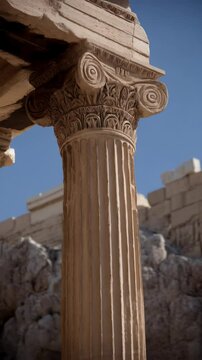 Detailed architectural shot of a fluted column with Corinthian capital under clear blue sky, remains of ancient ruins in background, artistic construction details.