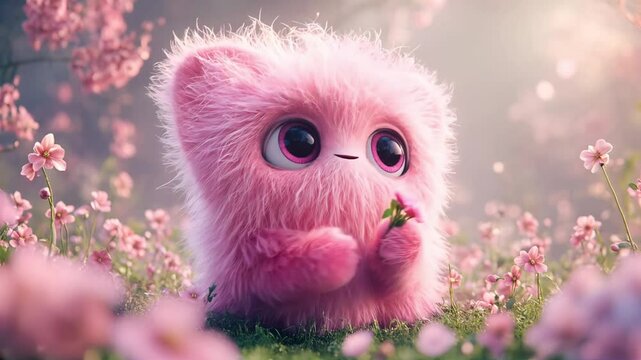Cute fluffy pink monster in sits in the forest, fairy tale creature for children's channel screensaver, commercial, advertisement