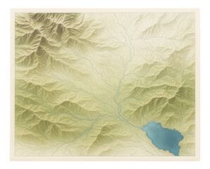 Detailed topographic map showing mountain ranges, river networks, and a lake depicted in earthy tones on transparent background.