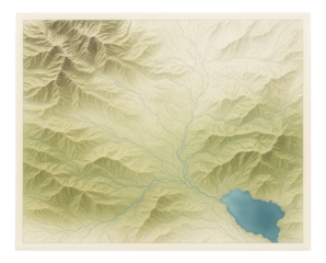 Detailed topographic map showing mountain ranges, river networks, and a lake depicted in earthy tones on transparent background.