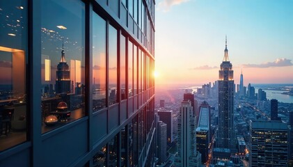 A sleek, modern cityscape reflecting in a glass skyscraper window, symbolizing corporate success and innovation The image evokes ambition, growth, and technological advancement , commercial, window