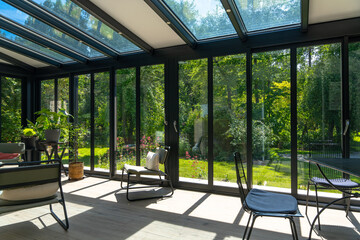 Véranda moderne lumineuse avec baies vitrées et mobilier contemporain, ouverte sur un jardin verdoyant. © Thomas