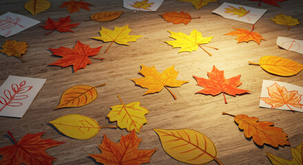 Colorful autumn leaves and drawings arranged on wooden floor  