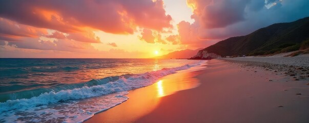 A pristine, deserted beach at sunset; gently lapping waves leave a fine, sandy shoreline, the sky ablaze with vibrant colors Perfect for travel, vacation, or serenity themes , waves, landscape