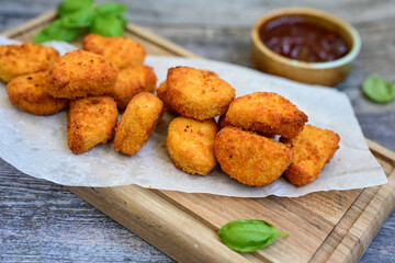 
 Crispy oven baked  chicken nuggets and  barbeque sauce . Breaded chicken fillets  with chilly...