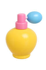 3D cartoon style perfume bottle with colorful pump in yellow, pink and blue on transparent background
