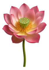 Vibrant pink lotus flower with a green seed pod and yellow stamens, showcasing delicate petals on transparent background.