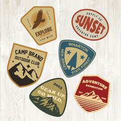 mountain adventure hipster logos. Set of Vintage Outdoor mountains Summer Camp badges or Patches. vector emblem designs. Great for shirts, stamps, stickers logos and labels.