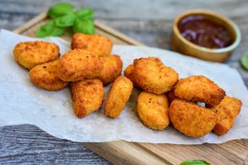 
 Crispy oven baked  chicken nuggets and  barbeque sauce . Breaded chicken fillets  with chilly...