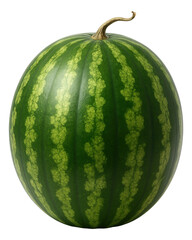 Whole ripe green watermelon with distinctive striped pattern and curly stem on transparent background.