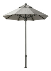 A large gray patio umbrella with a metal pole designed for outdoor use on transparent background.