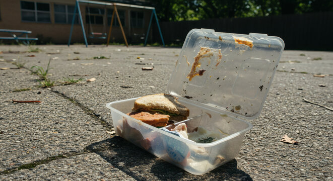 Leftover food in a plastic container on playground pavement  