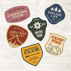 mountain adventure hipster logos. Set of Vintage Outdoor mountains Summer Camp badges or Patches. vector emblem designs. Great for shirts, stamps, stickers logos and labels.